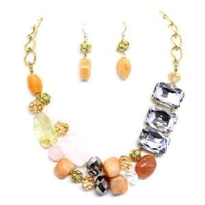 Precious Stone Necklace Set; 18L; Gold Metal; Genuine Pink, Salmon 