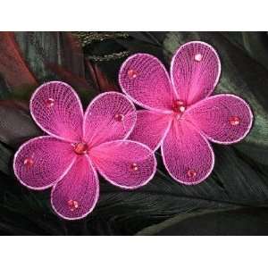  Sheer Hot Pink Nylon Decorative Flowers with Rhinestones 