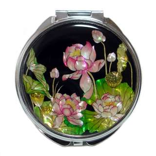 Mother of Pearl Pink Lotus Flower Design Compact Cosmetic Makeup Hand 