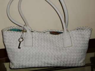 FOSSIL White Leather Basket Weave Satchel Tote Handbag Purse Shoulder 