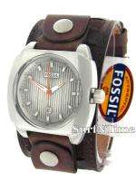 New Fossil Mens Vintage Brown Leather Strap Cuff Silver Grey Dial Date 