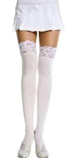 White Opaque Stockings w/Lace Tops for Garters 1 Sz  
