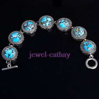   Blue TURQUOISE Beads and Tibet Silver Inlaid Gemstone Cuff Bracelet