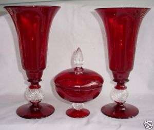 RARE PAIRPOINT CONTROLLED BUBBLE RUBY GLASS VASES & BOX  
