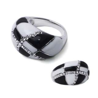 Dome Shape Style Ring in White/Balck Enamel w/ Crystals  