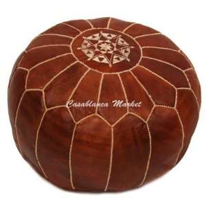  Embroidered Leather Poof, Chestnut