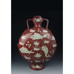  one Glaze Porcelain Flat Moon Vase with Fish&Waterweed 