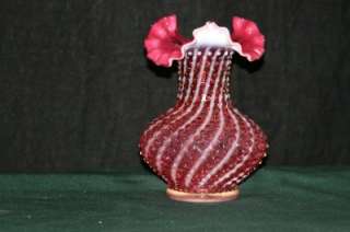   Fenton Cranberry Glass Hobnail Swirl Opalescent Crested 7 Vase  