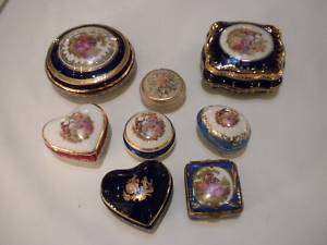 Eight Limoges porcelain pill boxes & one unsigned  