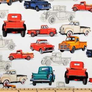  44 Wide Nicoles Prints Trucks Off White Fabric By The 