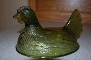Indiana Green Glass Hen on Nest candy dish Carnival  