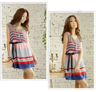 Womens Summer Sleeveless Casual Colorful Stripes Party With Belt Mini 