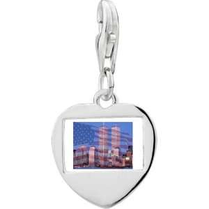   Silver American Twin Towers Photo Heart Frame Charm Pugster Jewelry