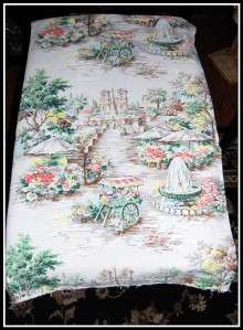 Vintage BARKCLOTH CURTAIN PANEL Italian Country Floral Garden Picture 