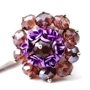 d8015 Purple Flower Faceted Crystal Gems Beads Adjustable Ring 