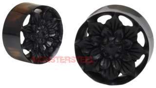 HAND Carved Horn Lotus Flower Flared Plugs 1/2 to 1  