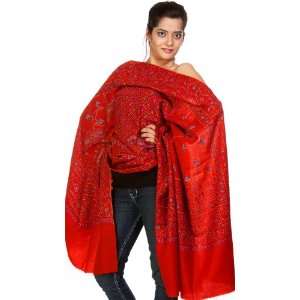 Ketchup Red Tusha Shawl from Kashmir with All Over Sozni Embroidery by 