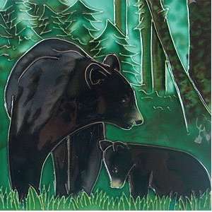  Black Bear & Cub Ceramic Wall Art Tile 4x4