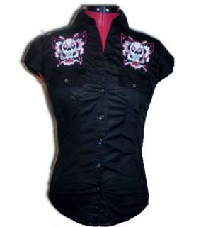 Sourpuss Skull Butterfly Button Up Short Sleeve Collar Shirt Goth 