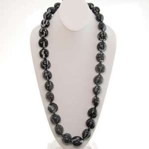  Hawaiian Lei Necklace of Black and White Marble Kukui Nuts 