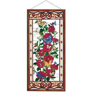   Red Camellias Glass Art Panel, 17 1/2 by 37 1/2 Inch