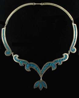 VINTAGE STERLING TAXCO MOSAIC TURQUOISE BIB NECKLACE  