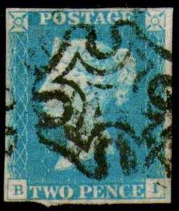 Great Britain GB QV Queen Victoria 1840 2d Penny Blue Imperforate VF 4 