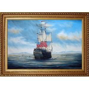  Warship On Blue Sea Oil Painting, with Exquisite Dark Gold Wood 