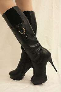 NIB Womens Faux Leather Knee High Heel Tall Boots Black Platform 