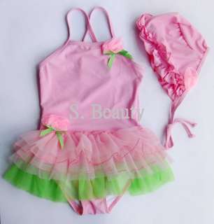 NWT Girls Ballerina Tutu One Pc Swimsuits w/Cap 3T 7T  