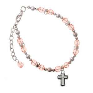 Silver Cross with Rope Border Pink Czech Glass Beaded Charm Bracelet 