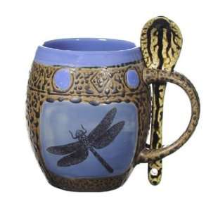  Ceramic Pottery Mug with Blue Dragonfly and Spoon Kitchen 