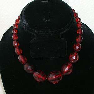   Vintage Sterling Faceted Cherry Amber Bakelite Bead Necklace Choker