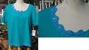 NEW Pappagallo Teal Lace/Sequin Trim Spandex Top 1X  