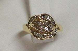14K Yellow Gold Natural White Diamond Baguette Cut Cluster Swirl Ring 