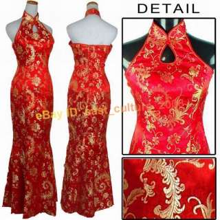   silk satin red gold fishtail Womens Cheong sam Dress S 3XL  