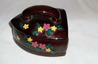Vintage Japan Brown Pottery Sad Iron Floral Trinket Box  