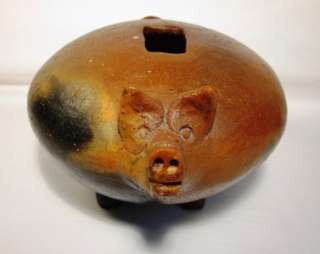Redware Pig Piggy Bank Primitive Hand Crafted Folk Art Pottery  