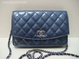 BRILLIANT CHANEL MIDNIGHT BLUE PATENT LEATHER WALLET ON A CHAIN WOC 