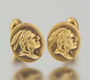 Pair of 14K Solid Gold Cufflinks  American Indian Chief,.7.1 grams 