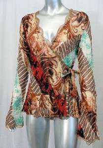 Alberto Makali Crinkled Wrap Top Sz M Brown & Red w/ Lace Trim  
