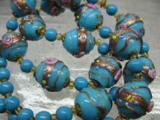   Turquoise Blue Copper Fleck Wedding Cake Glass Bead Necklace Venetian
