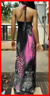   leopard Boho beach hawaiian halter smocked maxi long dress pink S M