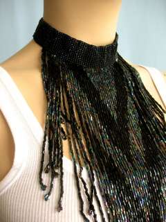 Iridescent Black Beaded Choker Bib Necklace  BLEM #2150  