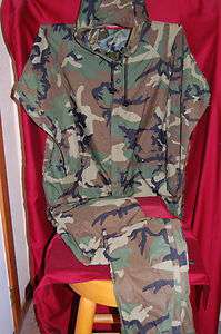 ARMY BDU WOODLAND CAMO IMPROVED WET WEATHER PARKA/PANTS SET HUNTING 