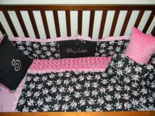 SKULLS Minky Dot & Pink & black crib bedding 7p blanket bumper crib 