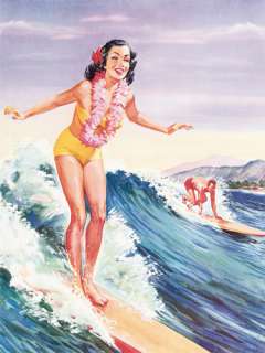 CANVAS GICLEE PRINT Vintage Hawaiian Art SURFING HAWAII  