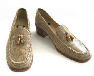 Beige leather with a tweedy or linen pattern loafer style shoes by 