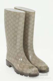 Gucci Beige & Brown Monogram Rubber Rain Boots Size 38  