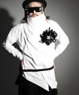 High Collar Oblique Placket Design Japan Punk Style Mens White Casual 